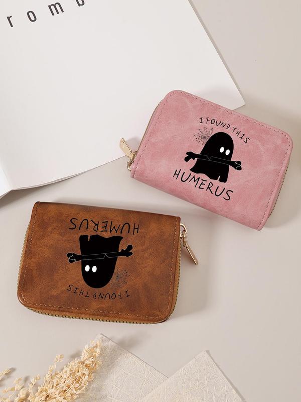 Women's Cute Cartoon Ghost & Letter Pattern Card Holder, Casual  Pattern Zipper Short Wallet, Multi Card Cover Wallet for Daily Use As Halloween Gift