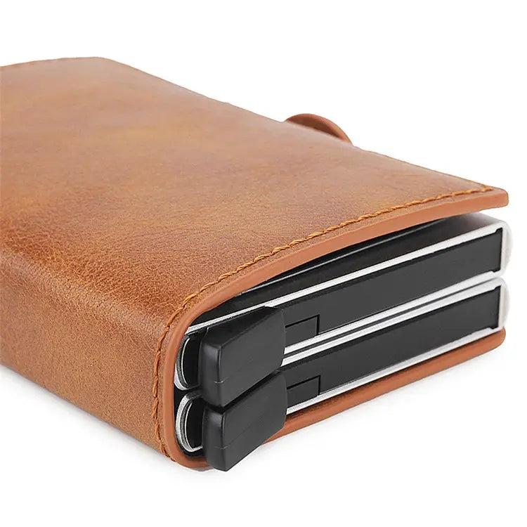 Credit Card Holder RFID Blocking PU Leather  Aluminum Alloy Pop Out Double Layer Card Case