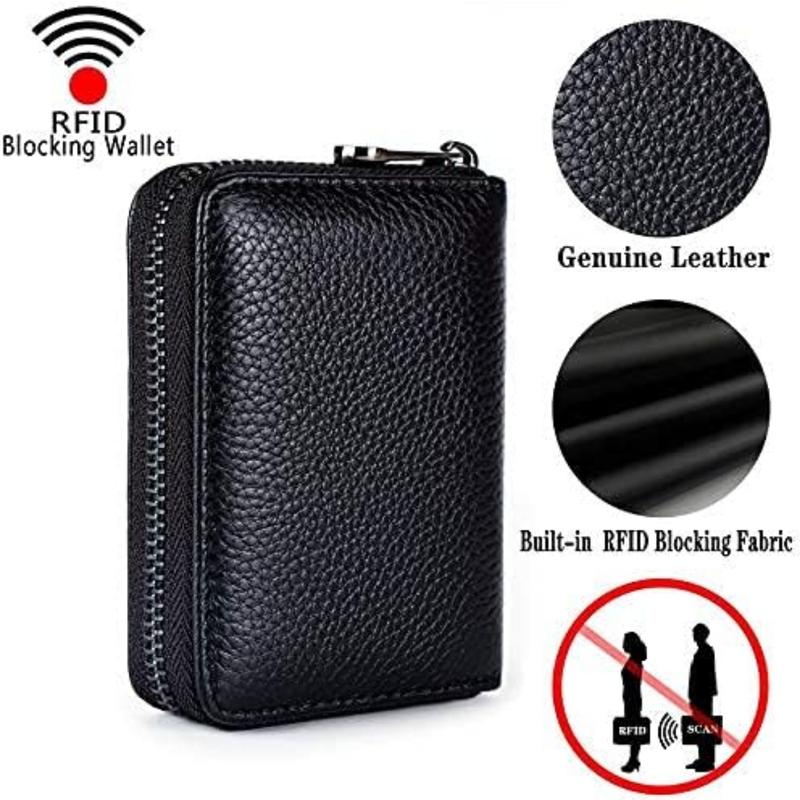 Genuine Leather Credit Card Holder Wallet RFID Blocking Secure Card Case ID Case Organizer Zipper Wallet (A-Classic Black)