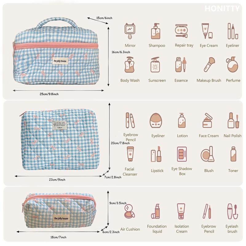 Plaid Pattern Makeup Bag Set, 3 Counts set Large Capacity Cosmetic Storage Bag, Portable Travel Toiletry Bag, Zipper Makeup Organizer Pouch