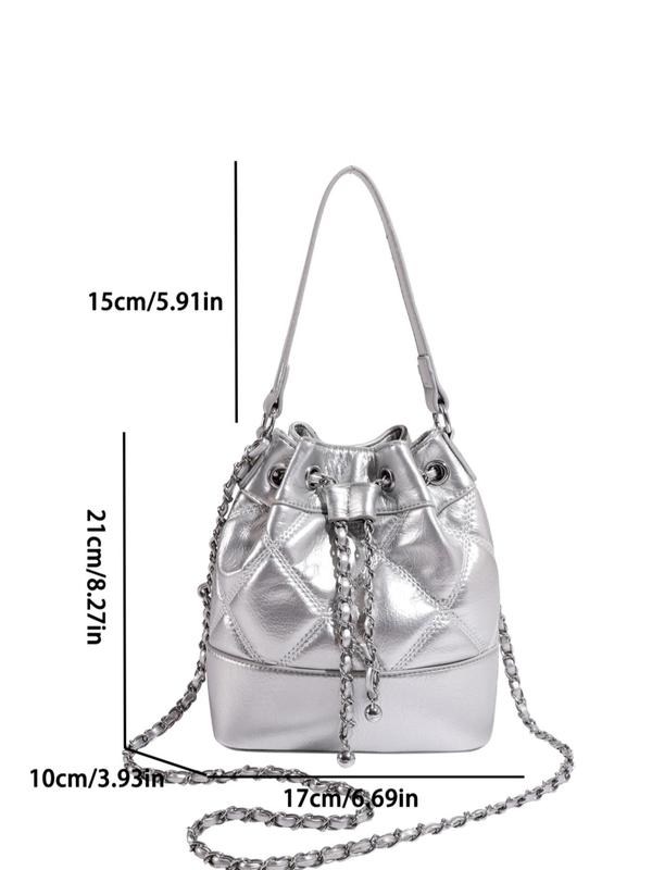 Women's Fashionable Quilted Drawstring Bucket Bag, Pu Leather Handbag for Daily Use, Solid Color Chain Strap Crossbody Bag