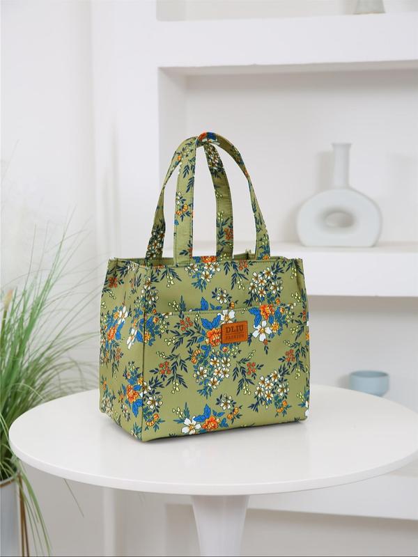 Stylish Ditsy Floral Print Letter Patched Design Lunch Bag, Large Capacity Insulated Lunch Bag, Portable Lunch Storage Bag for Work & School