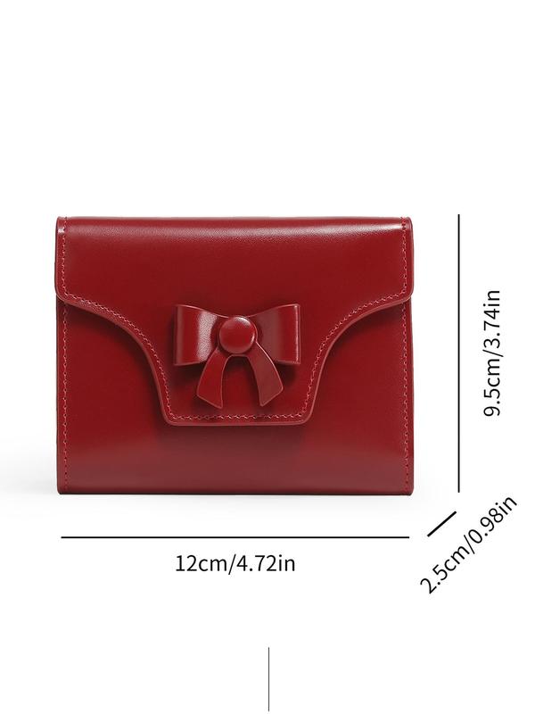 Genuine Leather Women's Solid Color Bow Decor Short Wallet, Fashionable Bifold Wallet for Daily Used & Work, Casual Trendy Versatile High-quality Daily Wallet