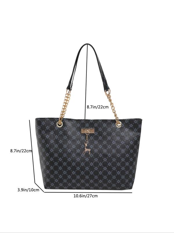 Fashionable Geometric Pattern Tote Bag, with Deer Bag Charm, Casual Large Capacity Tote Bag, Trendy All-match Commuter Bag for Women & Girls