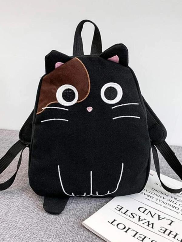 Cute Cartoon Cat Design Canvas Backpack, Fashionable School Bag For Women & Girls, Basic Zipper Backpack For Friends Gift