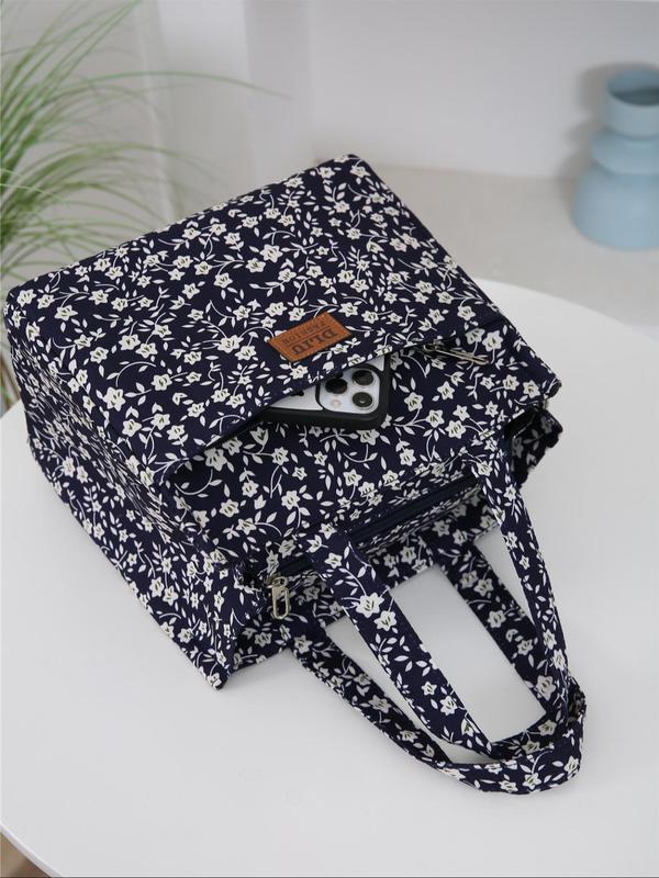 Stylish Ditsy Floral Print Letter Patched Design Lunch Bag, Large Capacity Insulated Lunch Bag, Portable Lunch Storage Bag for Work & School