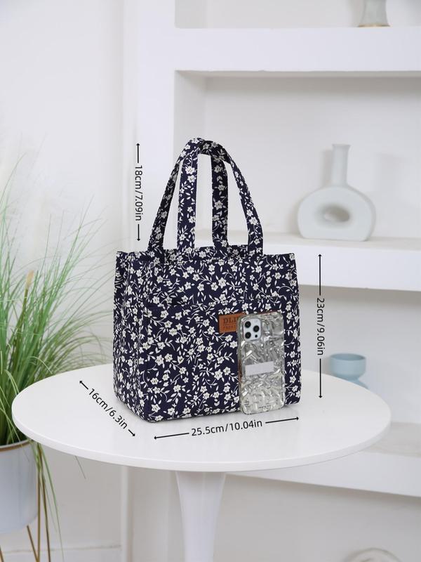 Stylish Ditsy Floral Print Letter Patched Design Lunch Bag, Large Capacity Insulated Lunch Bag, Portable Lunch Storage Bag for Work & School