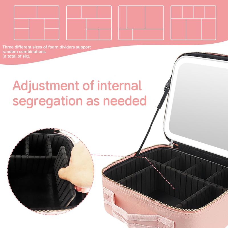 Makeup Bag with Mirror and Light Travel Makeup Train Case Cosmetic Bag Organizer Portable Artist Storage Bag with Adjustable Dividers Makeup Brushes Storage Organizer