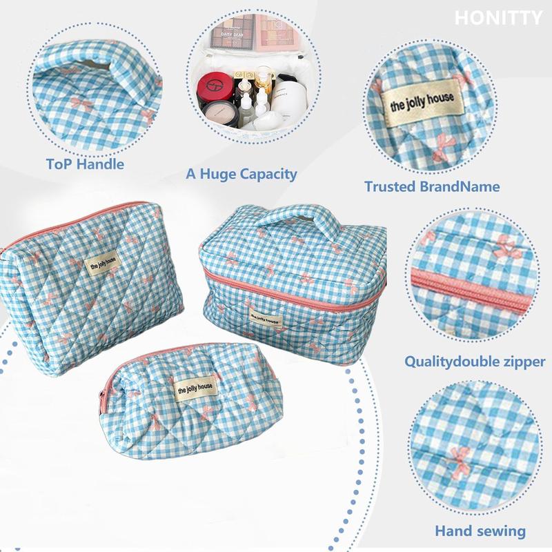 Plaid Pattern Makeup Bag Set, 3 Counts set Large Capacity Cosmetic Storage Bag, Portable Travel Toiletry Bag, Zipper Makeup Organizer Pouch