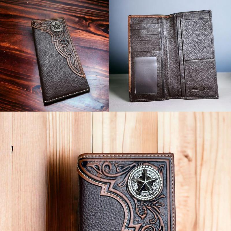 Mens Long Wallet Brown Leather Soft Leather Checkbook Style Cowboy High end Mens Wallets Leather Star Concho Tooled Wallet Hand Ultra Strong Stitching Gift For Him