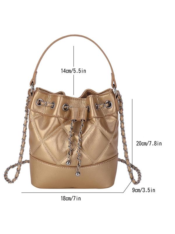 Women's Fashionable Quilted Drawstring Bucket Bag, Pu Leather Handbag for Daily Use, Solid Color Chain Strap Crossbody Bag