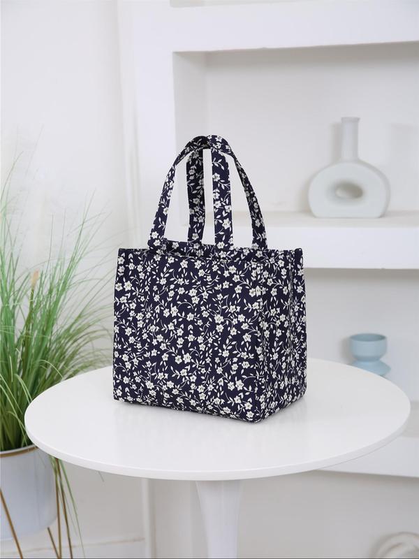 Stylish Ditsy Floral Print Letter Patched Design Lunch Bag, Large Capacity Insulated Lunch Bag, Portable Lunch Storage Bag for Work & School