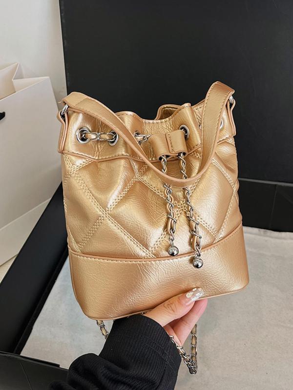 Women's Fashionable Quilted Drawstring Bucket Bag, Pu Leather Handbag for Daily Use, Solid Color Chain Strap Crossbody Bag