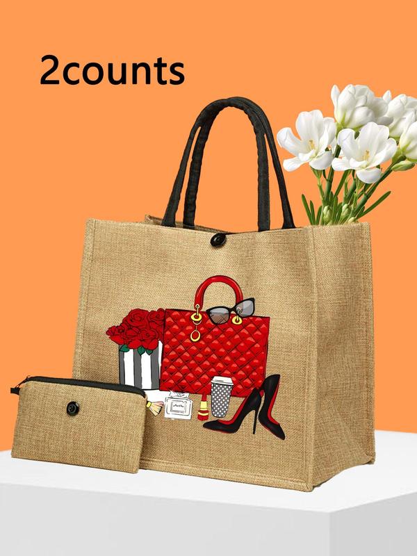 Women's Cute Cartoon Bag & Flower Pattern Tote Bag & Pouch Set, Large Capacity Tote Bag & Pouch, Fashionable Bag Set for Travel & Daily Use