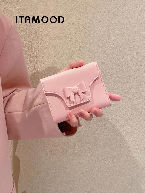 Genuine Leather Women's Solid Color Bow Decor Short Wallet, Fashionable Bifold Wallet for Daily Used & Work, Casual Trendy Versatile High-quality Daily Wallet