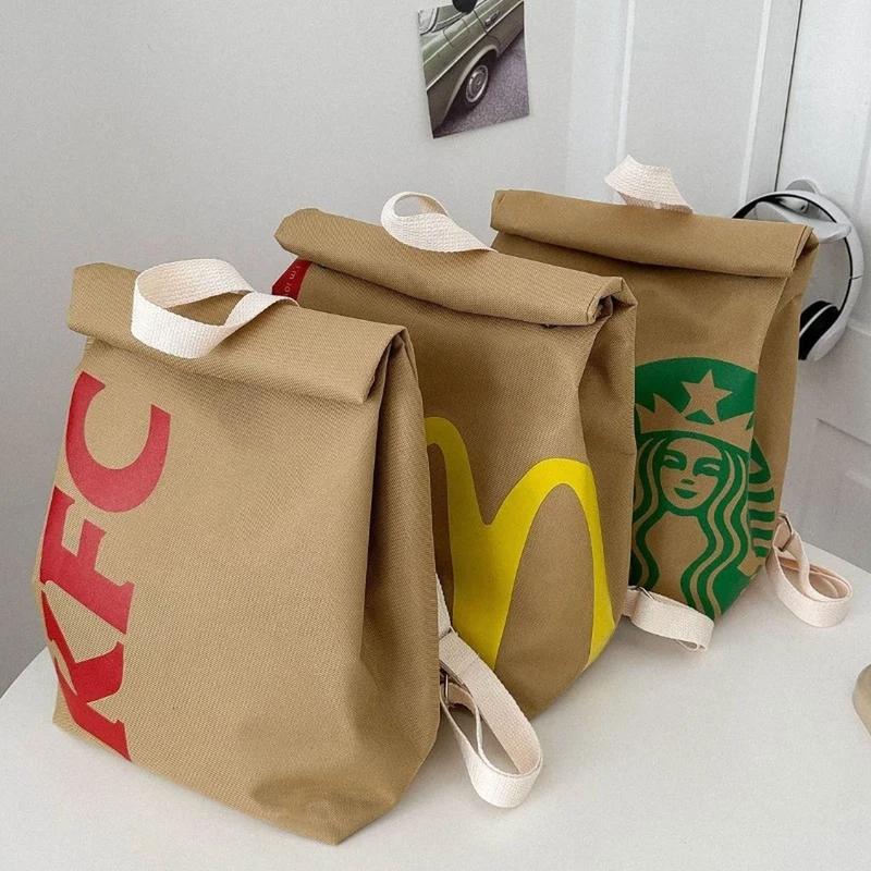 McDonald's KFC Starbucks Paper Bag Canvas Funny Backpack Shoulder Bag Casual Daypack Student School Bag for Women Men Birthday Gift