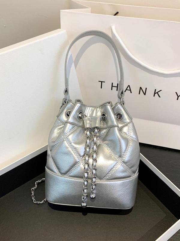 Women's Fashionable Quilted Drawstring Bucket Bag, Pu Leather Handbag for Daily Use, Solid Color Chain Strap Crossbody Bag