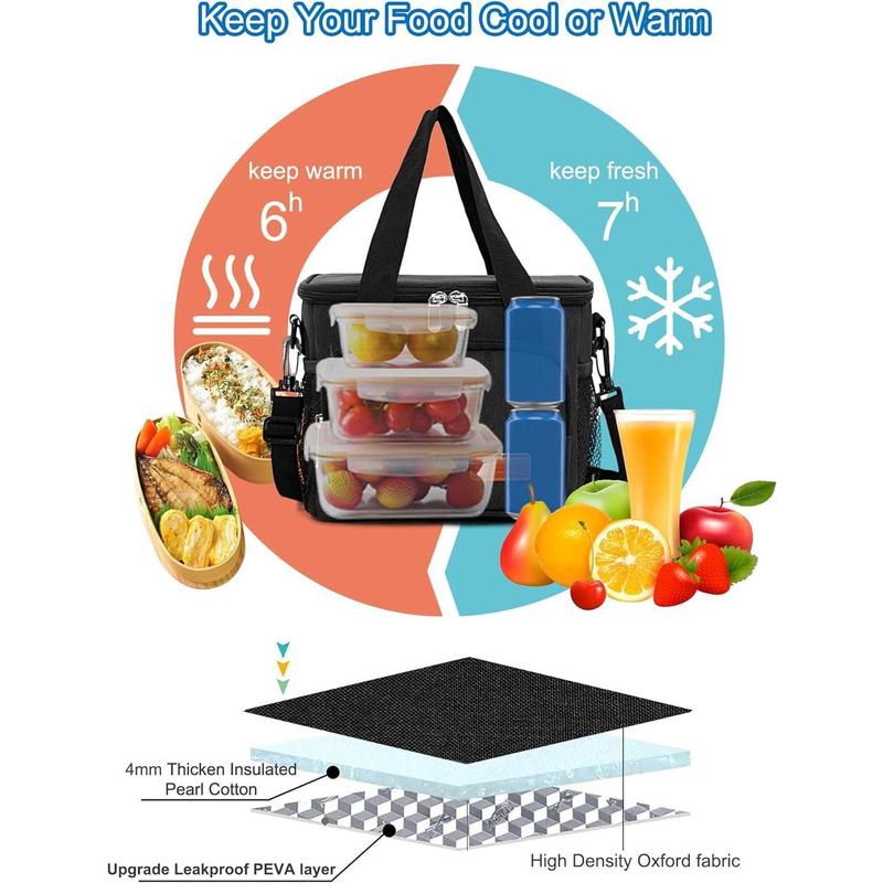 Reusable Lunch Box for Men Women - Insulated Lunch Bag Leakproof Lunchbox for Work Office Picnic Beach - Freezable Lunch Cooler Bag with Adjustable Shoulder Strap - Black