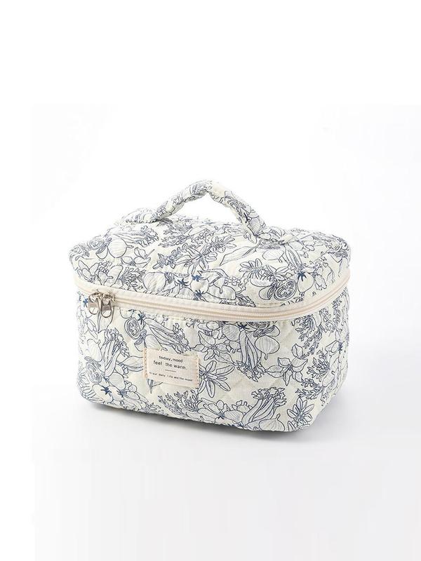 Cute Ditsy Floral Pattern Makeup Bag, Patched Decor Portable Large Capacity Cosmetic Bag, Fashion Makeup Bag for Women & Girls for Daily Used & Travel