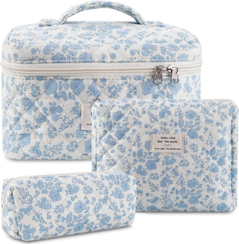 Quilted Makeup Bag Set, 3 count Cotton Floral Makeup Bag, Large Toiletry Travel  Bag for Women