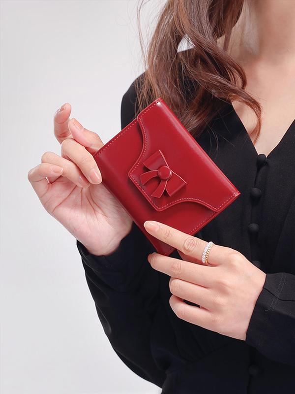 Genuine Leather Women's Solid Color Bow Decor Short Wallet, Fashionable Bifold Wallet for Daily Used & Work, Casual Trendy Versatile High-quality Daily Wallet