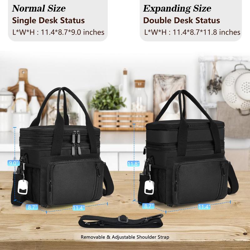 Lunch Bag & Lunch Box for Men Women - Double Deck Expandable Insulated Waterproof Leakproof Cooler Bag for Work Picnic - Black