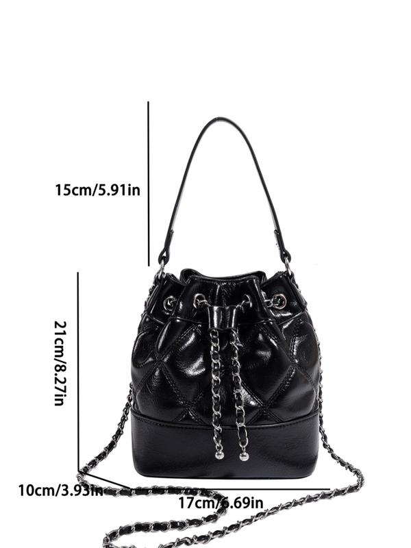 Women's Fashionable Quilted Drawstring Bucket Bag, Pu Leather Handbag for Daily Use, Solid Color Chain Strap Crossbody Bag