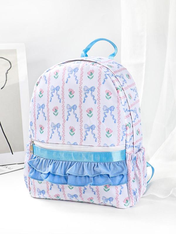 Floral Pattern Ruffle Hem Backpack, Casual Large Capacity Backpack with Cute Ruffle Folded Commuter Bag, Fashionable Backpack for Women