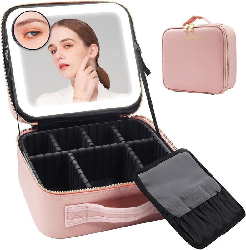 Makeup Bag with Mirror of LED Lighted, Travel Makeup Train Case Cosmetic Bag Organizer with Mirror and Lights, Make up Bag with Light up Mirror Adjustable Divider Brush Board