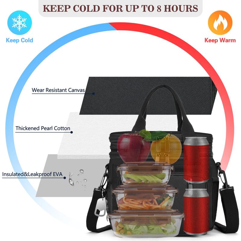 Lunch Bag & Lunch Box for Men Women - Double Deck Expandable Insulated Waterproof Leakproof Cooler Bag for Work Picnic - Black