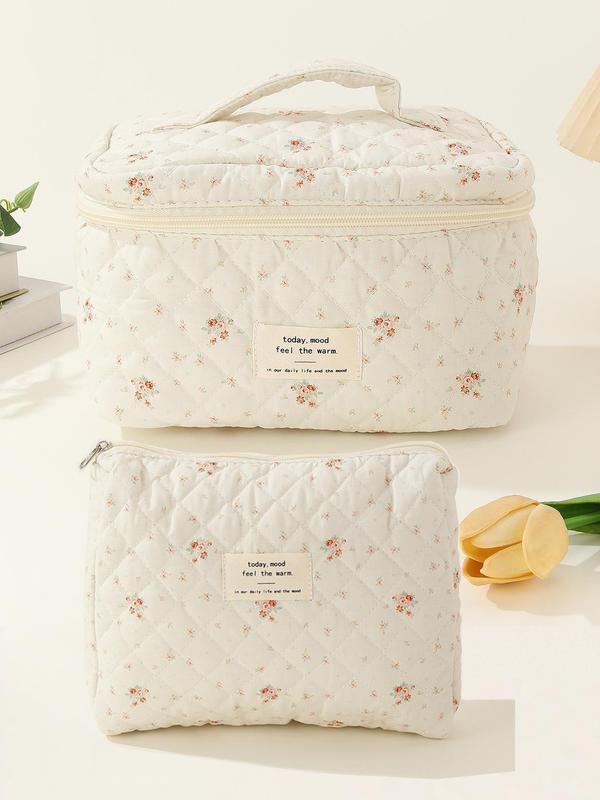 Cute Ditsy Floral Pattern Makeup Bag, Patched Decor Portable Large Capacity Cosmetic Bag, Fashion Makeup Bag for Women & Girls for Daily Used & Travel