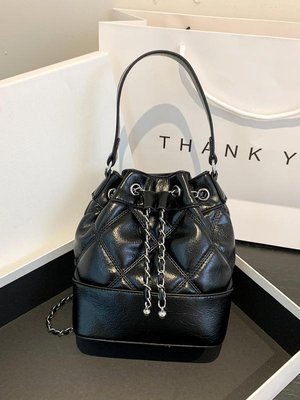 Women's Fashionable Quilted Drawstring Bucket Bag, Pu Leather Handbag for Daily Use, Solid Color Chain Strap Crossbody Bag