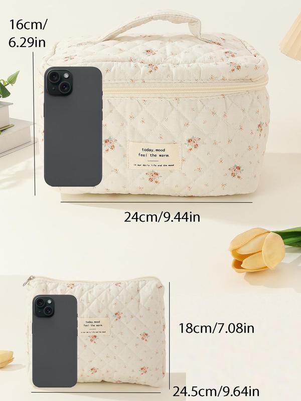 Cute Ditsy Floral Pattern Makeup Bag, Patched Decor Portable Large Capacity Cosmetic Bag, Fashion Makeup Bag for Women & Girls for Daily Used & Travel