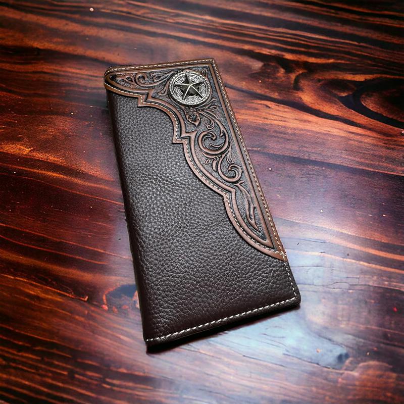 Mens Long Wallet Brown Leather Soft Leather Checkbook Style Cowboy High end Mens Wallets Leather Star Concho Tooled Wallet Hand Ultra Strong Stitching Gift For Him