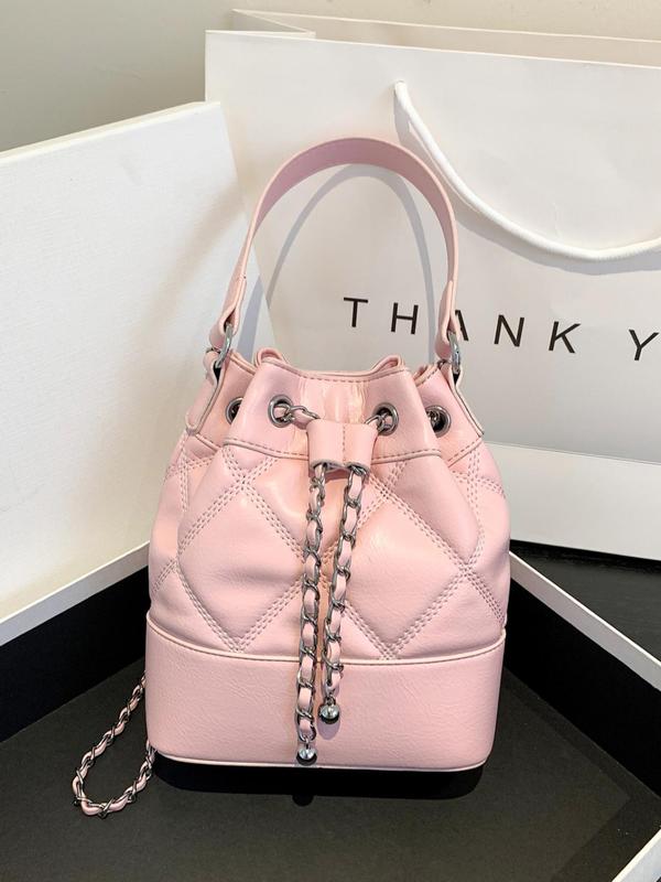 Women's Fashionable Quilted Drawstring Bucket Bag, Pu Leather Handbag for Daily Use, Solid Color Chain Strap Crossbody Bag