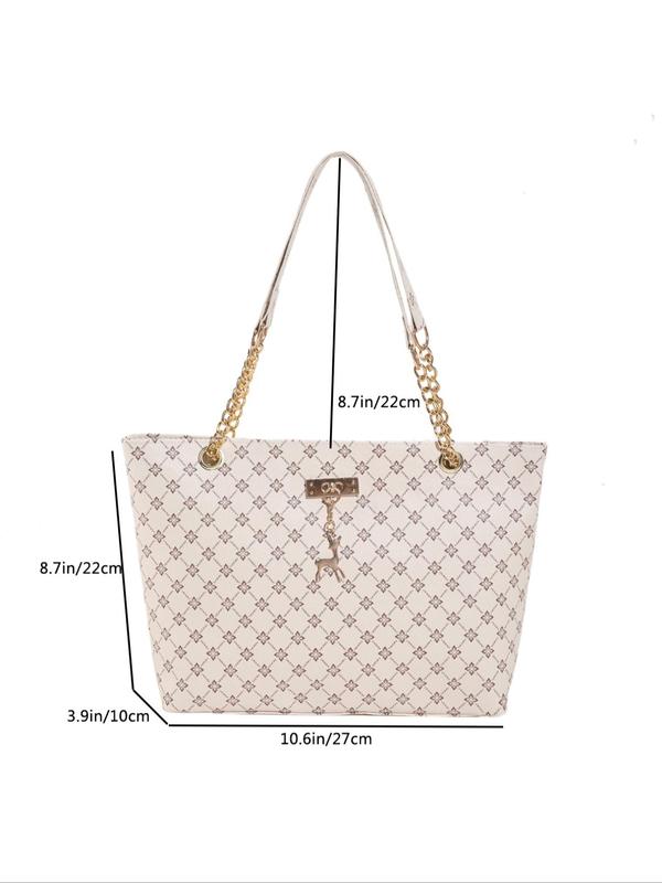 Fashionable Geometric Pattern Tote Bag, with Deer Bag Charm, Casual Large Capacity Tote Bag, Trendy All-match Commuter Bag for Women & Girls