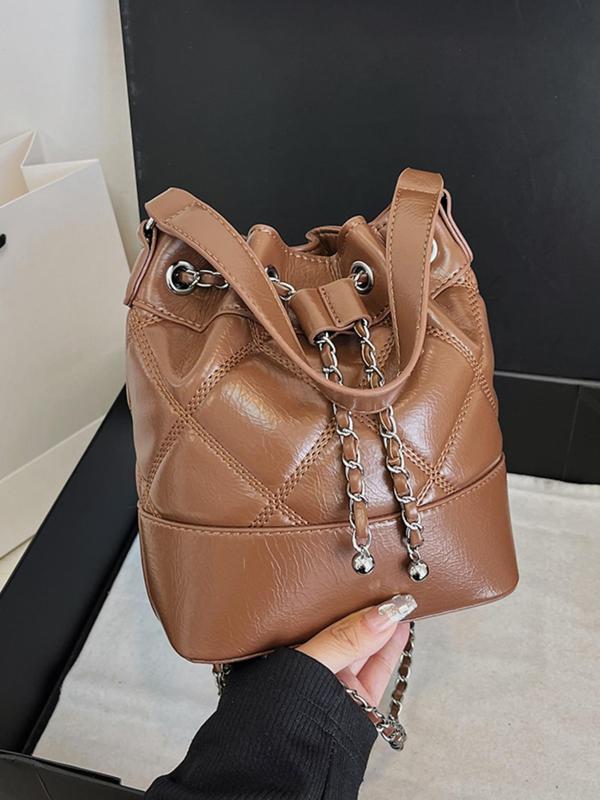 Women's Fashionable Quilted Drawstring Bucket Bag, Pu Leather Handbag for Daily Use, Solid Color Chain Strap Crossbody Bag