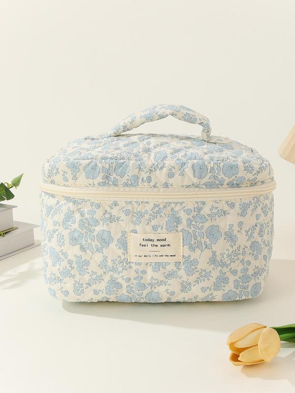 Cute Ditsy Floral Pattern Makeup Bag, Patched Decor Portable Large Capacity Cosmetic Bag, Fashion Makeup Bag for Women & Girls for Daily Used & Travel