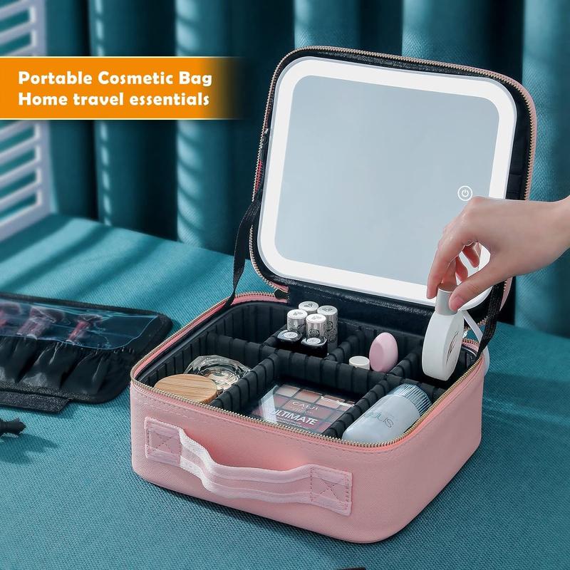 Makeup Bag with Mirror and Light Travel Makeup Train Case Cosmetic Bag Organizer Portable Artist Storage Bag with Adjustable Dividers Makeup Brushes Storage Organizer