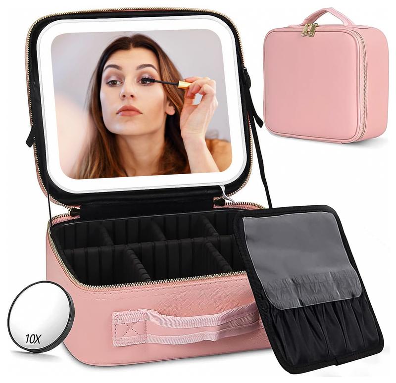 Makeup Bag with Mirror and Light Travel Makeup Train Case Cosmetic Bag Organizer Portable Artist Storage Bag with Adjustable Dividers Makeup Brushes Storage Organizer