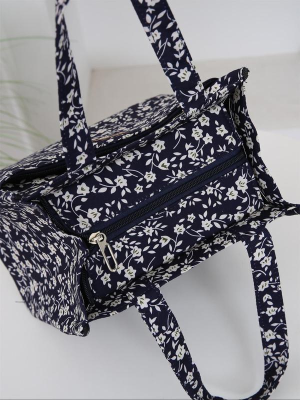 Stylish Ditsy Floral Print Letter Patched Design Lunch Bag, Large Capacity Insulated Lunch Bag, Portable Lunch Storage Bag for Work & School