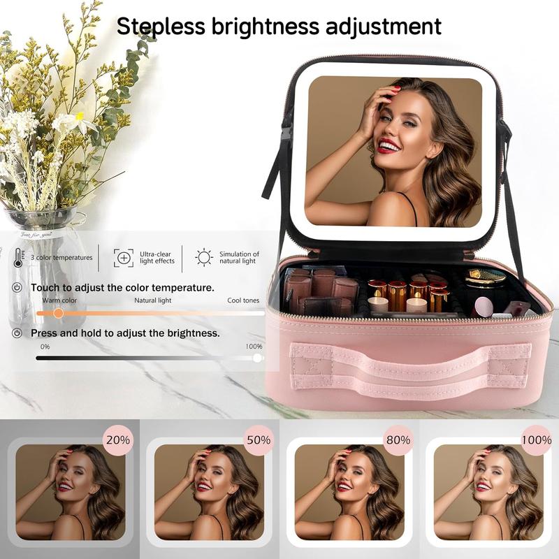 Makeup Bag with Mirror and Light Travel Makeup Train Case Cosmetic Bag Organizer Portable Artist Storage Bag with Adjustable Dividers Makeup Brushes Storage Organizer