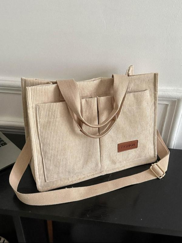 Women's Solid Color Corduroy Tote Bag, Large Capacity Shoulder Bag for Daily Life, Casual Trendy Versatile High-quality Daily Commuting Crossbody Bag