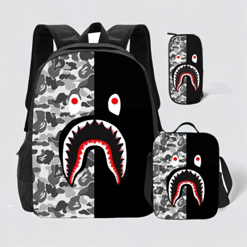 Bape 3PCS Cartoon Backpack Casual Backpack Set Shark Backpacks 3 Piece Set