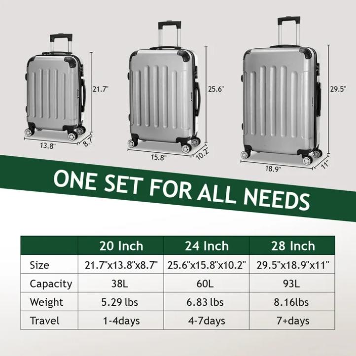 [Hot Sale] Zimtown Hardside Lightweight Spinner Gray 3 Piece Luggage Set with TSA Lock