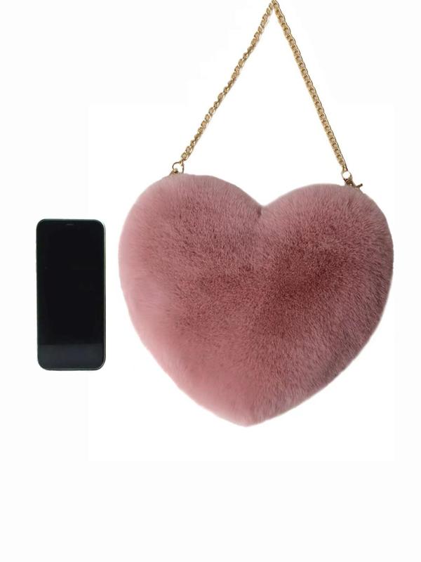 Women's Heart Shape Crossbody Bag, Fashion All-match Chain Strap Fluffy Crossbody Bag, Stylish Novelty Heart Shaped Plush Crossbody Bag for Daily Use Gift for Girlfriend