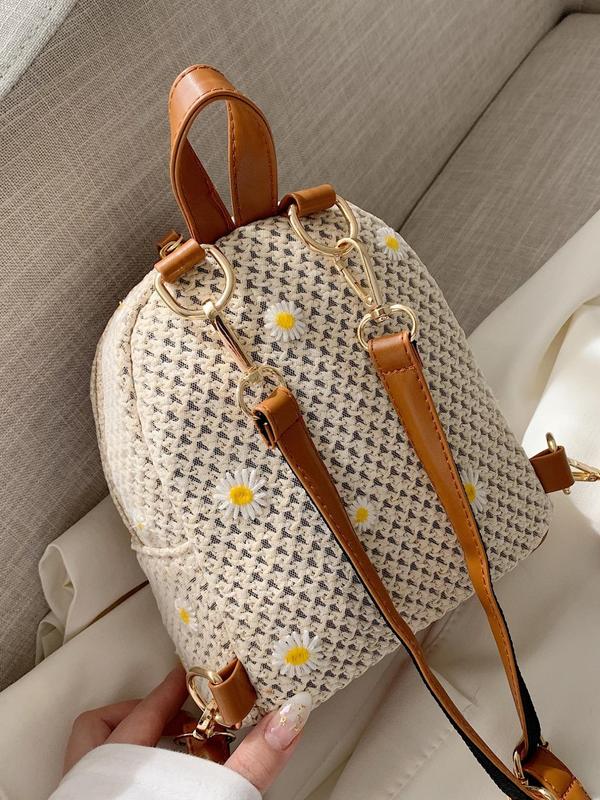 Women's Casual Trendy Flower Decorated Backpack with Zipper, Cute Colorblock Backpack with Braided Design, Fashionable Backpack for Daily & Travel