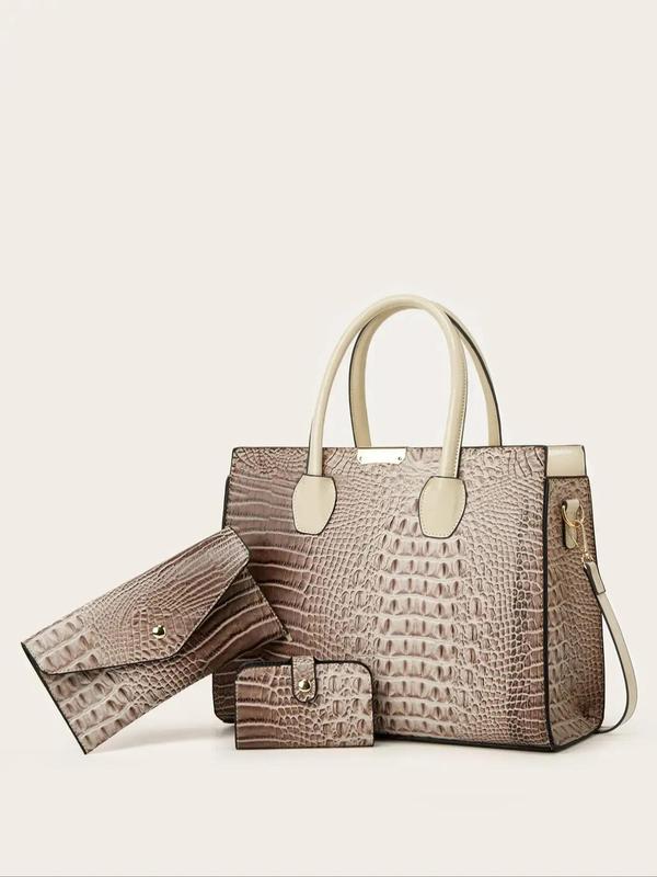 Women's Crocodile Embossed Tote Bag, Large Capacity Shoulder Work Bag & Wallet & Card Holder, Summer 2024 Long Wallet & Card Holder & Work Tote Bag for Women, Fall Outfits, Earthtone Fall Freshness Unique Everyday Designer Bags