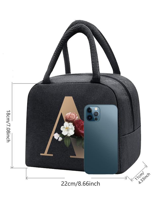 Floral & Letter Pattern Lunch Bag, Lightweight & Durable Thermal Food Container, Reusable Canvas Handbag for Students