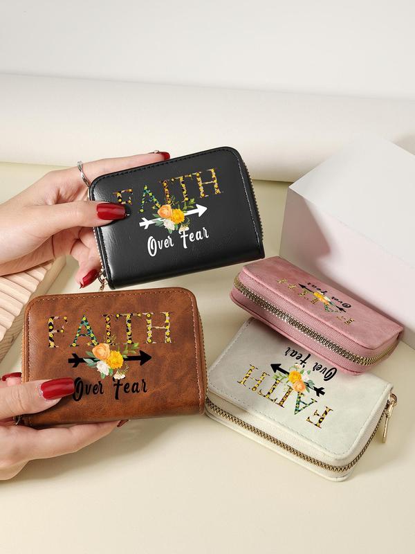 Fashion Letter & Flower Pattern Card Holder, Casual Versatile Zipper Card Holder for Women & Girls, Trendy All-match Short Wallet for Daily Use